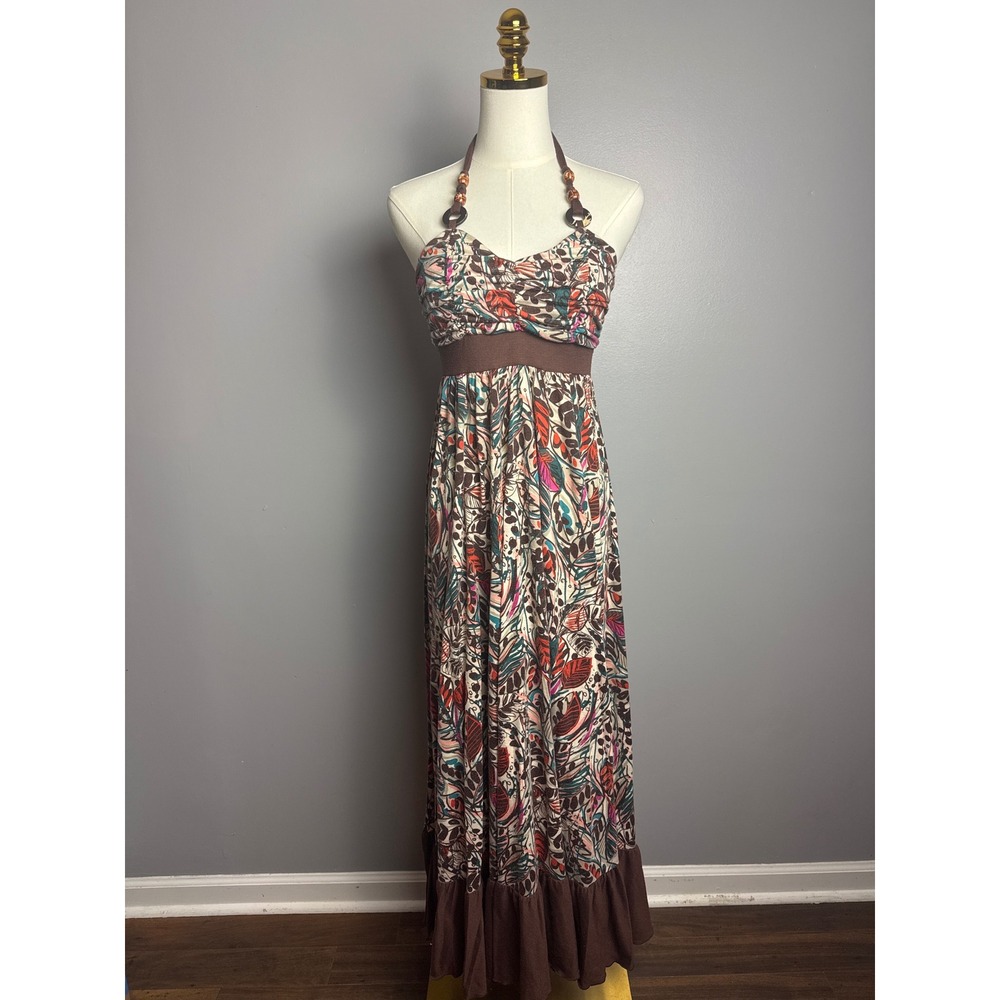 Unbranded Halter Maxi Dress Women Small Brown Botanical Beaded Excellent Boho